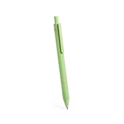 A green pen with a clip, made from eco-friendly materials, featuring a logo on its side.