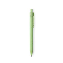 A green pen with a textured finish and a clip, featuring a logo on its barrel.