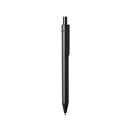 A black ballpoint pen with a clip and a retractable tip. It features a simple design and a smooth finish.