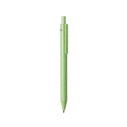 A green pen with a textured surface and a clip for attachment, featuring a logo on the barrel.