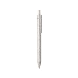 A light grey pen with a speckled design, featuring a retractable tip and a clip. It has a simple branding element.
