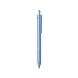 A blue pen with a clip and click mechanism, featuring a simple design and a branding logo.