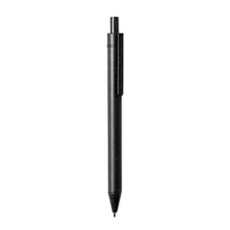 A black pen with a retractable tip and a clip, featuring a simple design and a branding logo.