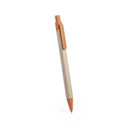 A pen featuring a natural cardboard body and an orange clip, displaying a simple design with a logo.