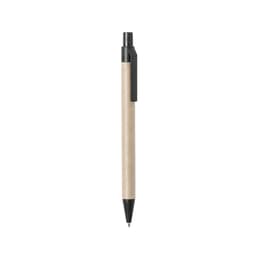 A black pen with a textured natural beige barrel and a clip, featuring a branding logo.