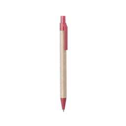 A pen with a natural kraft barrel and a bright red cap and clip, featuring a logo.