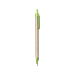 A green and natural wood pen with a clip, featuring a simple design and an integrated ink cartridge.