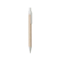 A pen with a beige barrel and white cap, featuring a clip and a brand logo.