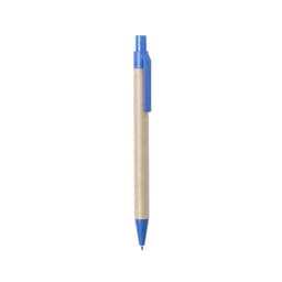 A blue pen with a natural brown barrel and a clip, featuring a branding logo.