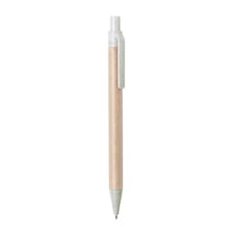 A wooden pen with a white top and clip, featuring a smooth silver tip and a natural wood finish.