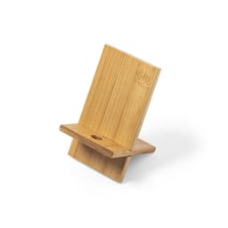 A bamboo phone stand featuring a sleek design with a natural finish and a built-in hole for cable management.