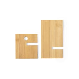 Two bamboo phone stands in natural wood colour, featuring cut-out designs and a subtle logo on one stand.