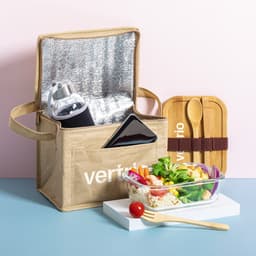 A beige lunch box with a silver interior, holding a drink bottle, a phone, and a bamboo cutlery set.