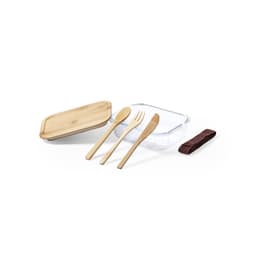 A clear lunch box with a bamboo lid, accompanied by wooden cutlery and a brown strap.