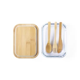 A bamboo lunch box with a clear base and two bamboo utensils: a spoon and a fork. Branding is visible.