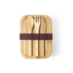 A bamboo lunch box featuring a fork, knife, and spoon secured with a brown elastic strap.