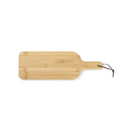 A bamboo cutting board with a rounded handle and a leather hanger, featuring a natural wood finish.