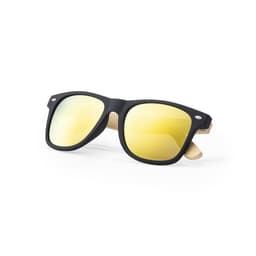 A pair of black sunglasses with yellow gradient lenses and wooden accents. Features a logo on the frame.