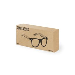 A pair of yellow and black sunglasses in a minimalist cardboard box featuring a simple illustration.
