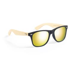 Sunglasses with black frames and bamboo arms featuring mirrored gold lenses. Includes a logo on the side.