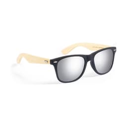 Black sunglasses with silver mirrored lenses and natural bamboo arms, featuring a brand logo on the side.