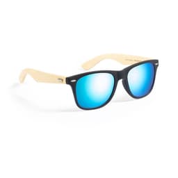 Sunglasses featuring a black frame and blue mirrored lenses with wooden arms. Includes branding on the side.