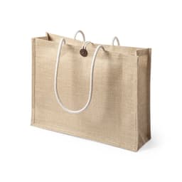 A large beige tote bag with white rope handles and a decorative button. Features a simple, natural design.