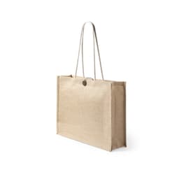 A beige tote bag with long handles and a circular button closure. It features a simple design and has a logo.