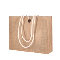 A large, natural jute tote bag with a rope handle and a button closure, featuring a simple design.