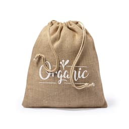 A hessian drawstring bag in natural brown with a white logo and the word "Organic" printed on it.