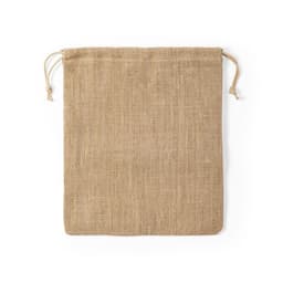 A natural jute drawstring bag featuring a textured surface, ideal for storage. It has a simple design with a drawstring closure.