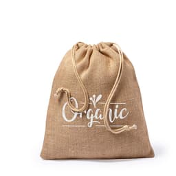 A natural burlap drawstring bag with a white logo and organic-themed design.