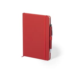 A red notepad with a pen holder, elastic closure, and a pen included, designed for office and business use.