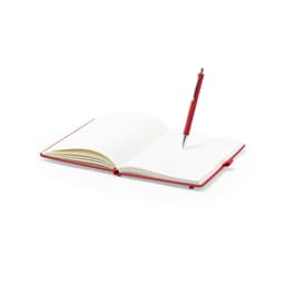 A red notepad with blank pages and a matching red pen resting on it. The notepad has a branding logo.