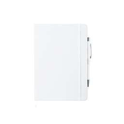 A white notepad featuring a pen and a sleek design, showcasing a minimalist style with a branded logo.