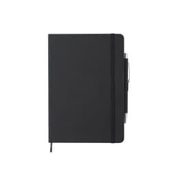 A black notepad with an elastic band and a pen attached, featuring a simple design and no visible branding.