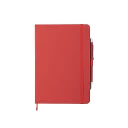 A red notepad with an elastic band and a pen attached, featuring a logo on the cover.