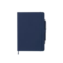 A navy blue notebook with an elastic band closure and a pen attached, featuring a logo on the cover.