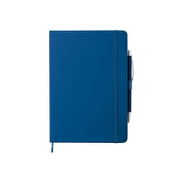 A blue notebook with a pen attached, featuring a sleek design and an elastic closure.