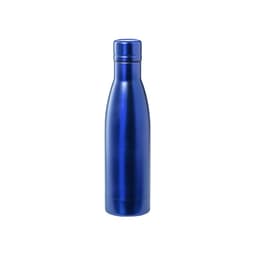 A drink bottle in a shiny blue finish, featuring a sleek, contoured design and a lid. It has a logo on the surface.
