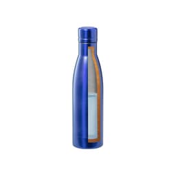 A drink bottle in a vibrant blue colour, featuring a sleek design with a clear window and a logo.