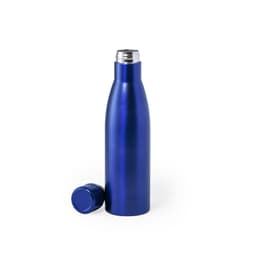 A drink bottle with a sleek blue finish and a silver screw-on lid, featuring a logo on its surface.