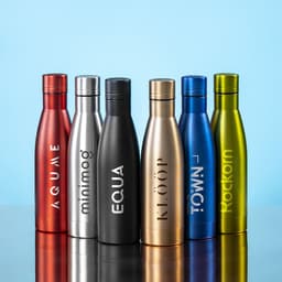 A drink bottle collection in various metallic colours: red, silver, black, gold, blue, and green. Each has a logo.