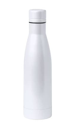 A drink bottle in a sleek white finish with a logo, designed for insulation and durability.