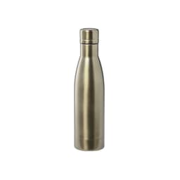 A drink bottle in a sleek, metallic bronze finish with an insulated design and a secure screw top. It features a logo.