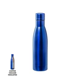 A drink bottle in sleek blue, featuring a copper vacuum insulation and a logo on the body.