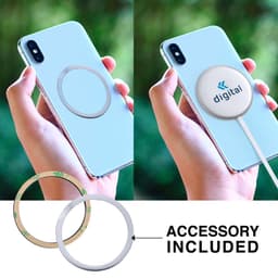 A wireless charger in white, shown beside a phone with a circular charging area, featuring an accessory included.
