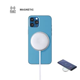A blue phone with a silver wireless charger attached, featuring a logo and a charging status on a separate phone.