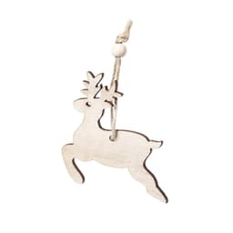 A wooden reindeer decoration with a natural finish and a twine hanger, featuring antlers.