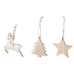 Wooden Christmas decorations in the shape of a reindeer, tree, and star, featuring natural tones and twine hangers.